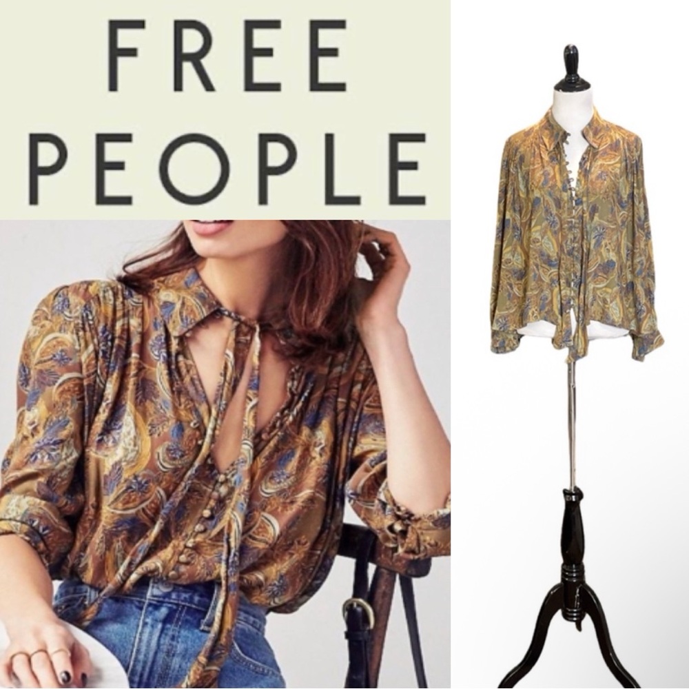 FREE PEOPLE MODERN MUSE PAISLEY TIE NECK OVERSIZED BLOUSE BOHO PEASANT BLOUSE